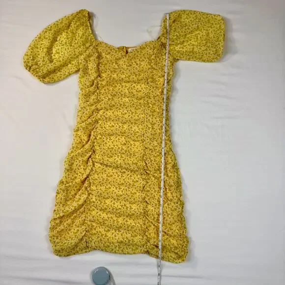 All In Favor Sasha Ruched Mini Dress Women's XS Yellow Puff Sleeve Coquette - Picture 5 of 15